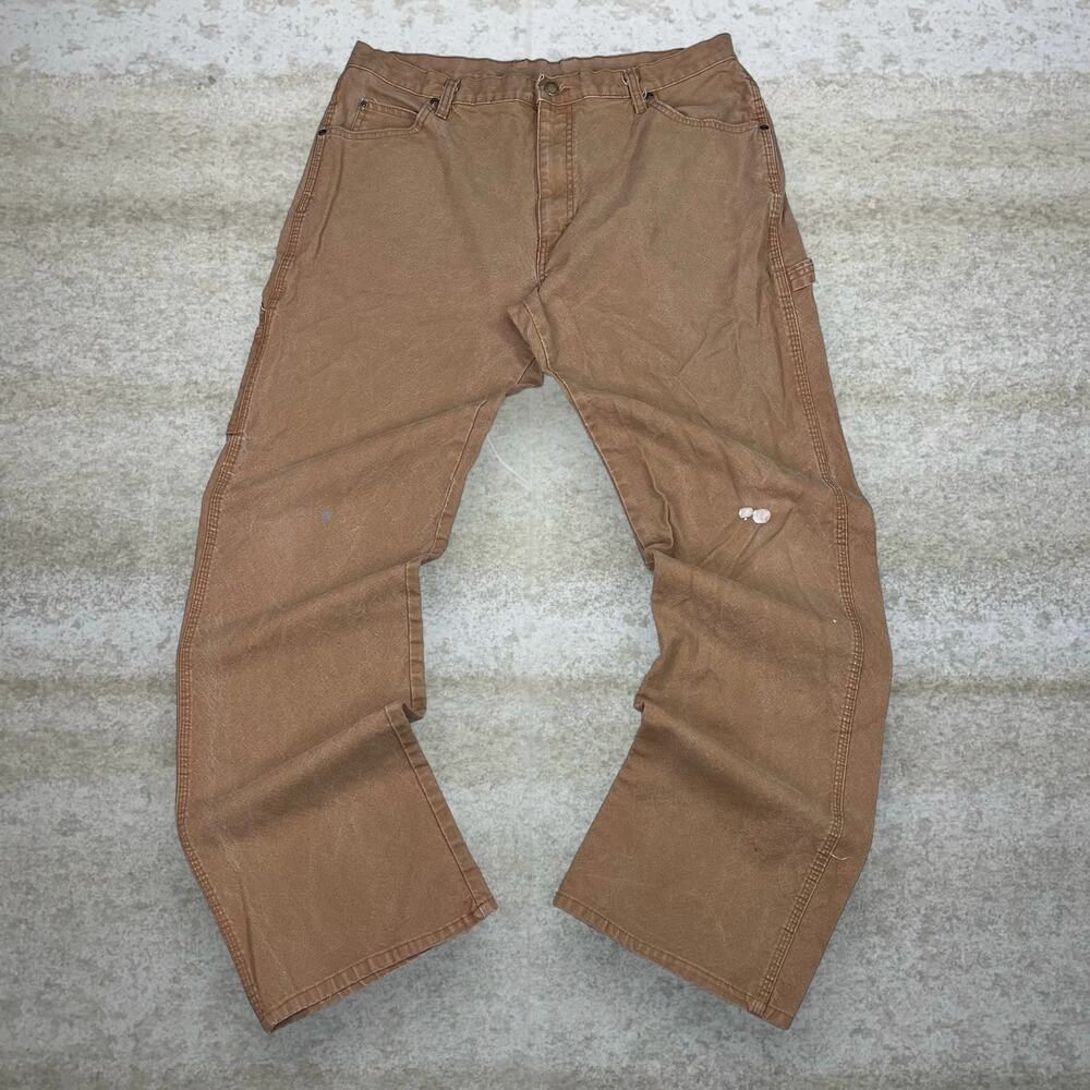 Vintage 90s Dickies Carpenter Pants 36x34 Baggy Wide Leg Tan Canvas Dungarees - Picture 2 of 5
